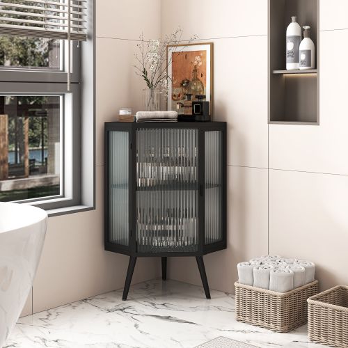 22.25" Floor Coner Cabinet with Tempered Glass Door & Storage Shelves for Bathroom, Living Room, Bedroom (Black) 22.25" Floor Coner Cabinet with Tempered Glass Door & Storage Shelves for Bathroom, Living Room, Bedroom (Black)